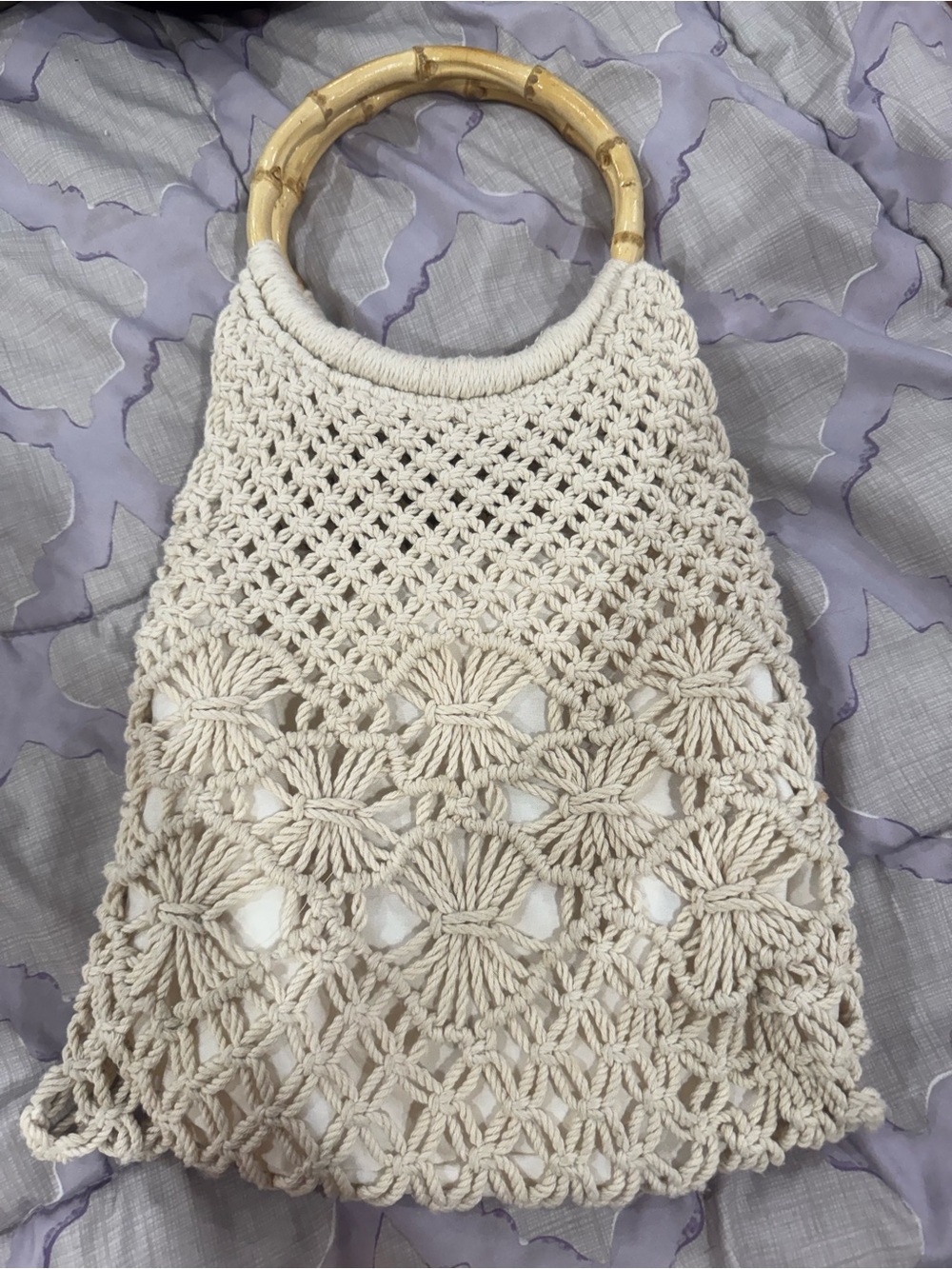 Handmade Cream Crochet Tote with Bamboo Handles